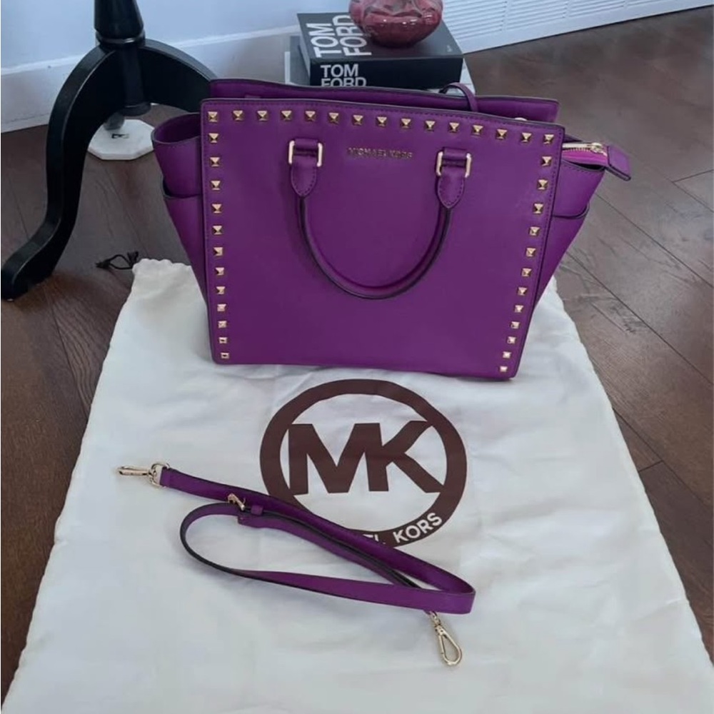 Michael Kors Saffino Purple Gold Studded Women's Tote Bag Satchel Purse Crossbod